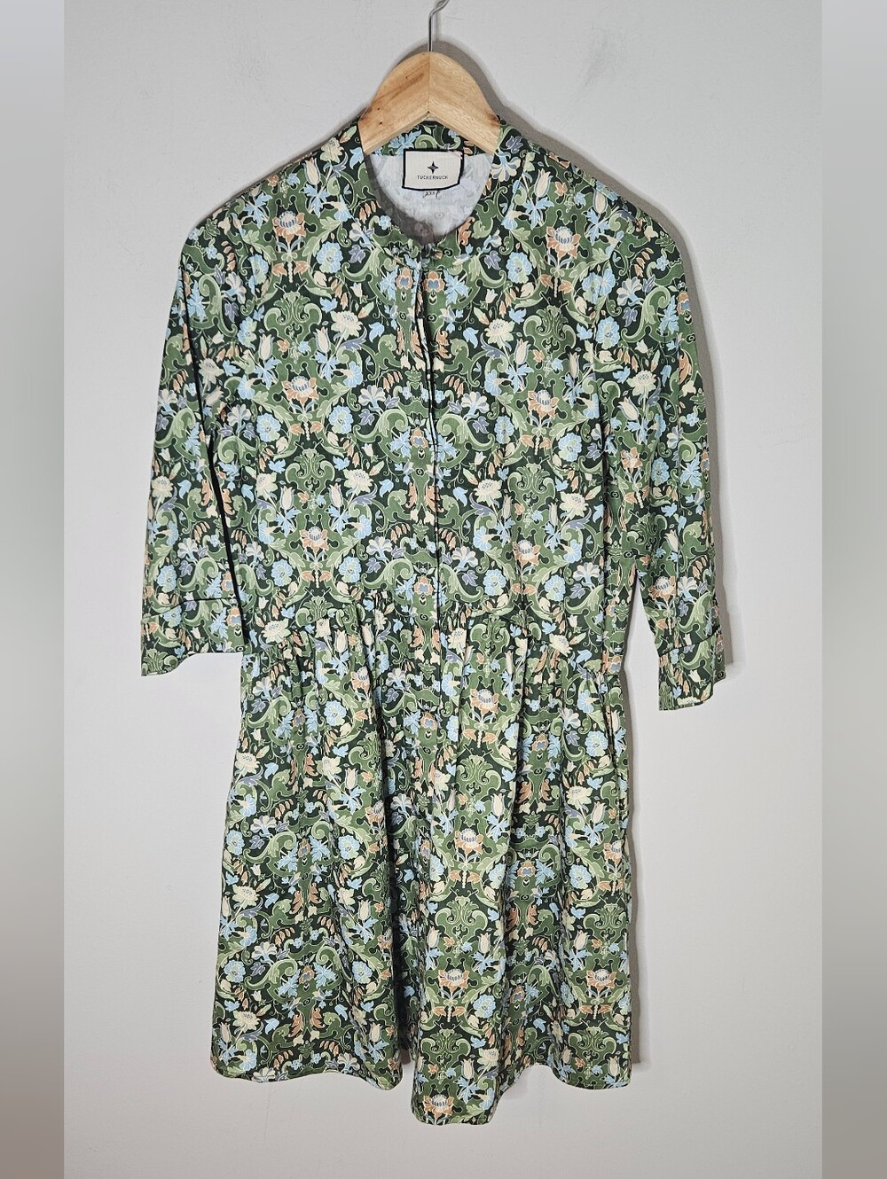 Tuckernuck Sage Deco Damask Royal Shirt Dress Mini Cotton Floral 3/4 Sleeves XXS - Picture 2 of 9